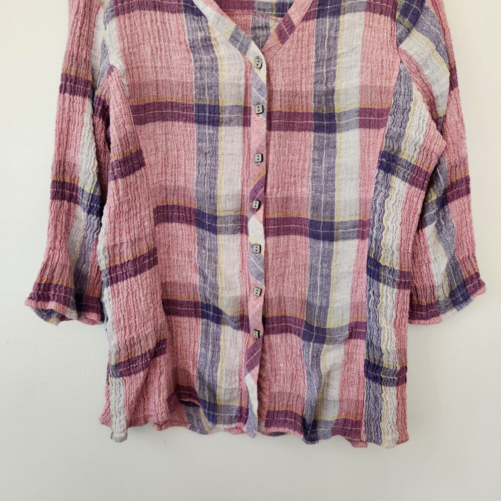 Habitat Top Womens L Pink Gray Plaid Crinkle Button Linen Blend Boho Chic Preppy - Picture 3 of 11